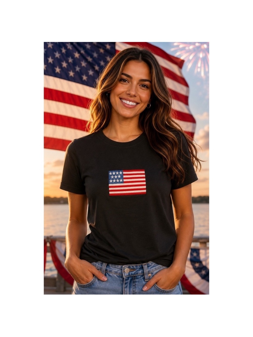 Zenana Outfitters Black Tee with Small American Flag Graphic